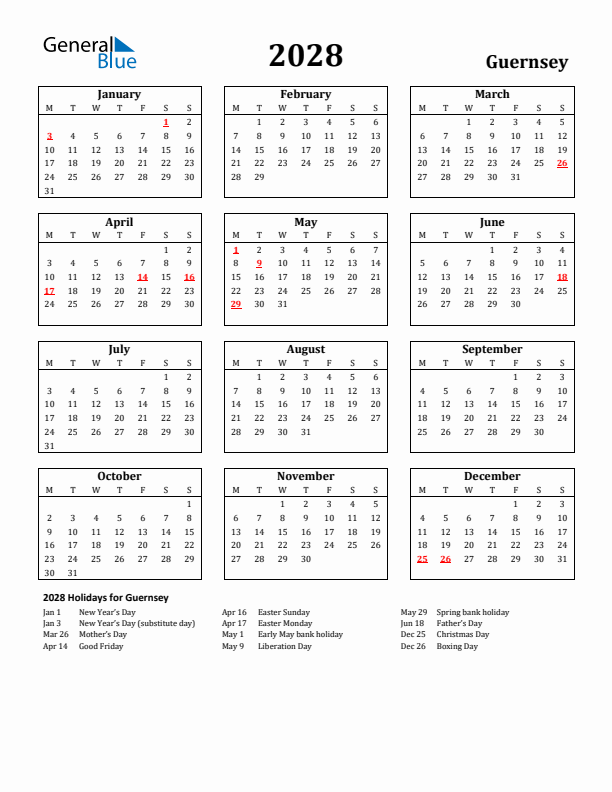 2028 Guernsey Holiday Calendar - Monday Start