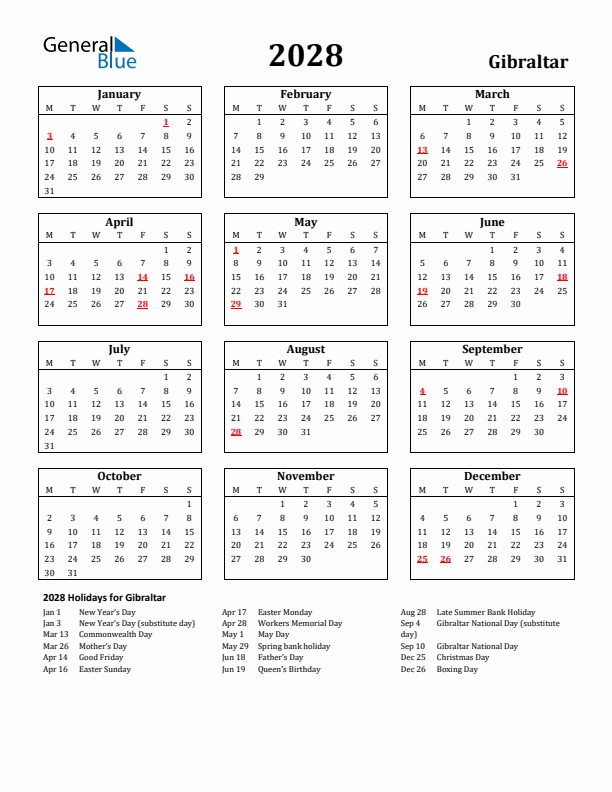 2028 Gibraltar Holiday Calendar - Monday Start
