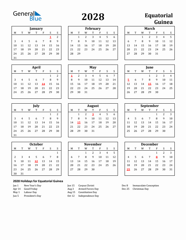 2028 Equatorial Guinea Holiday Calendar - Monday Start