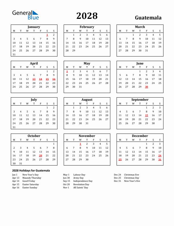 2028 Guatemala Holiday Calendar - Monday Start