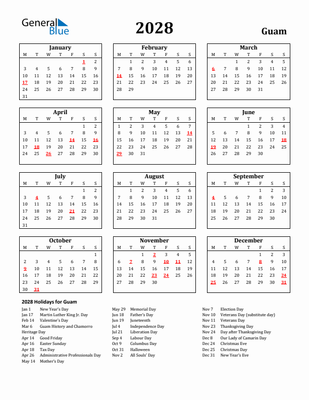 2028 Guam Holiday Calendar - Monday Start