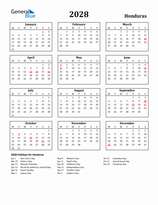 2028 Honduras Holiday Calendar - Monday Start