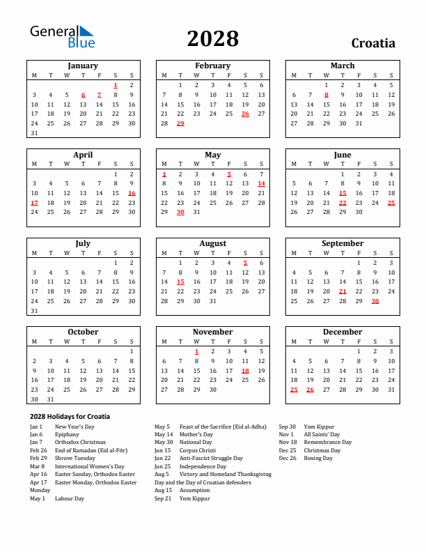 2028 Croatia Holiday Calendar - Monday Start