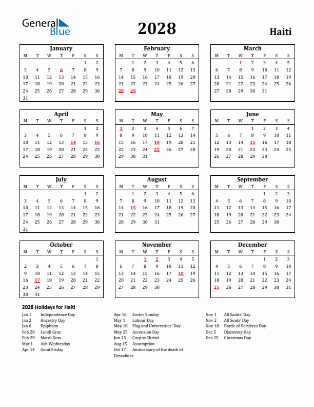 2028 Haiti Holiday Calendar - Monday Start