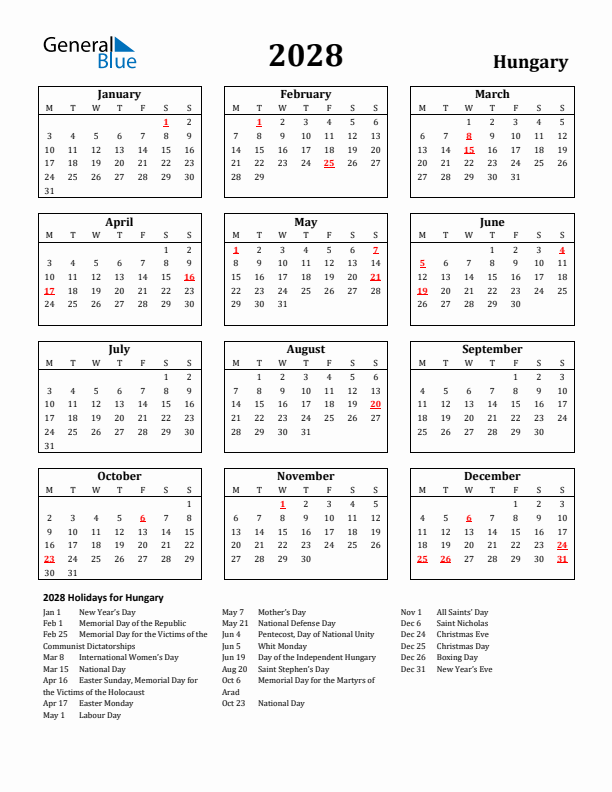 2028 Hungary Holiday Calendar - Monday Start