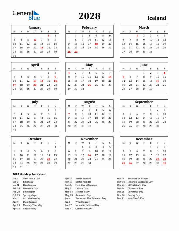 2028 Iceland Holiday Calendar - Monday Start