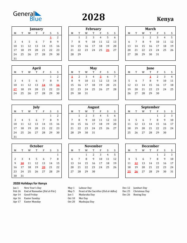 2028 Kenya Holiday Calendar - Monday Start