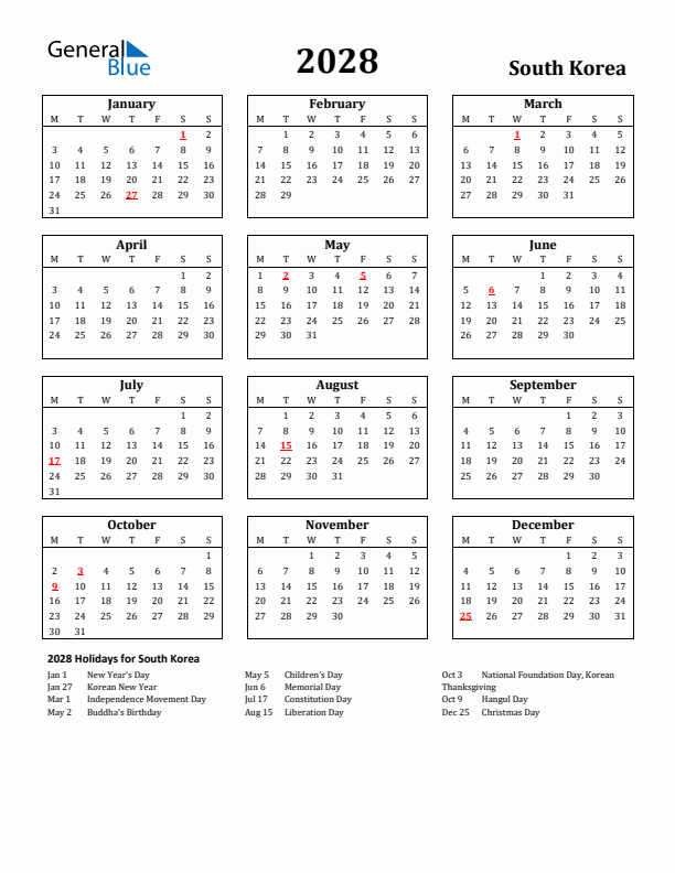 2028 South Korea Holiday Calendar - Monday Start