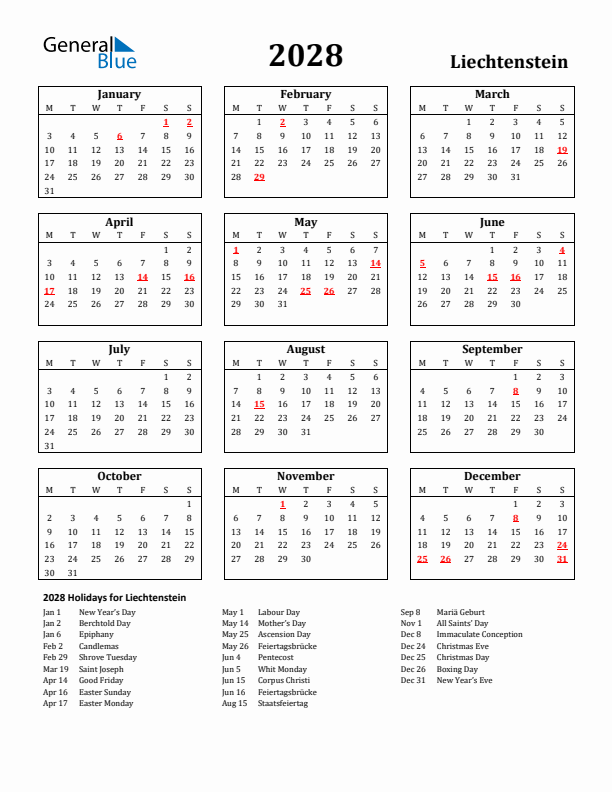 2028 Liechtenstein Holiday Calendar - Monday Start