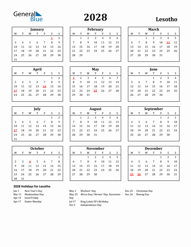 2028 Lesotho Holiday Calendar - Monday Start