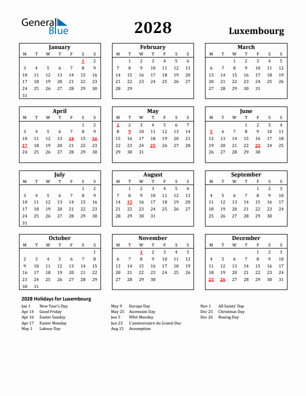 2028 Luxembourg Holiday Calendar - Monday Start