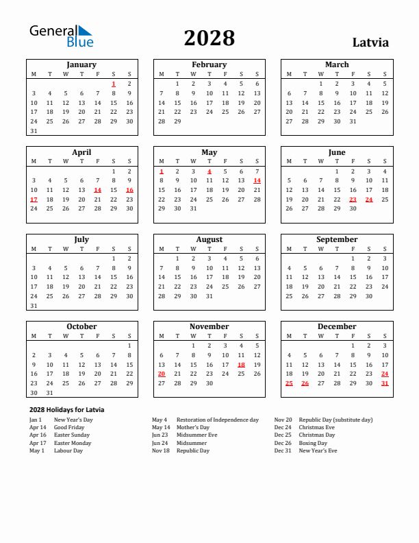 2028 Latvia Holiday Calendar - Monday Start