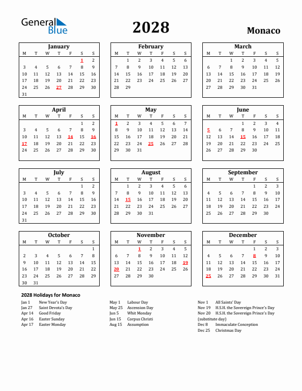 2028 Monaco Holiday Calendar - Monday Start