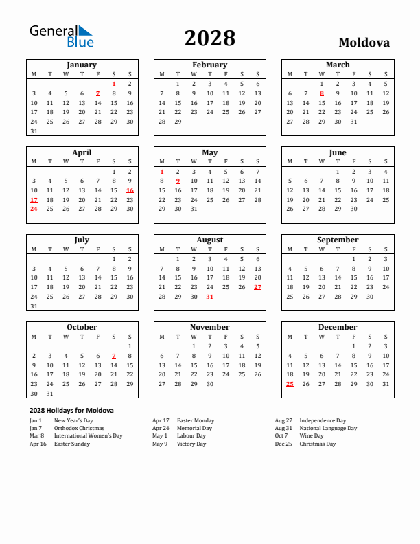 2028 Moldova Holiday Calendar - Monday Start