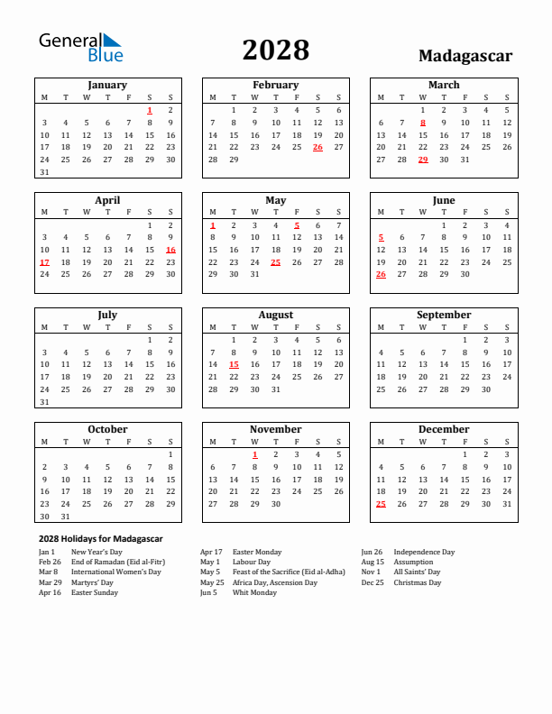 2028 Madagascar Holiday Calendar - Monday Start