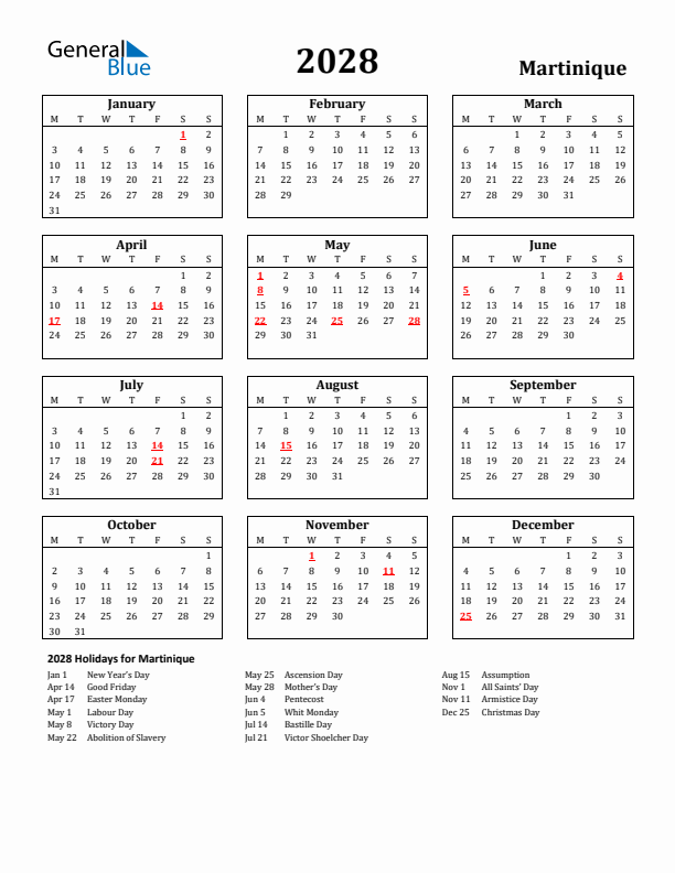 2028 Martinique Holiday Calendar - Monday Start