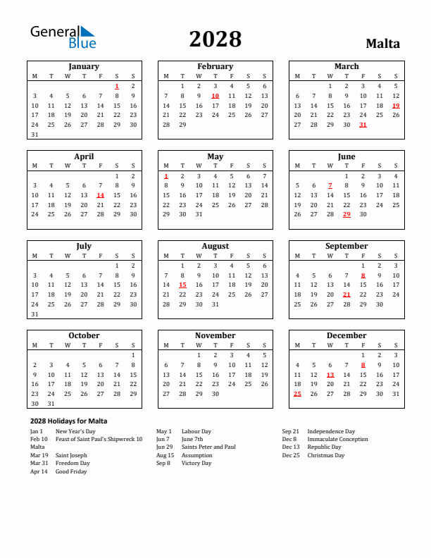 2028 Malta Holiday Calendar - Monday Start