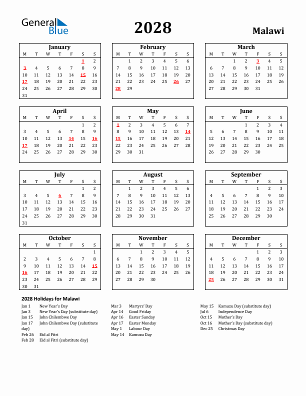 2028 Malawi Holiday Calendar - Monday Start