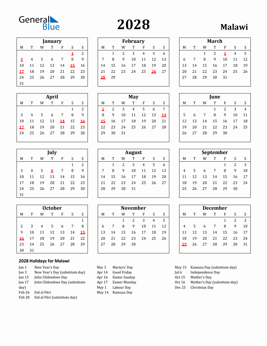 Free Printable 2028 Malawi Holiday Calendar