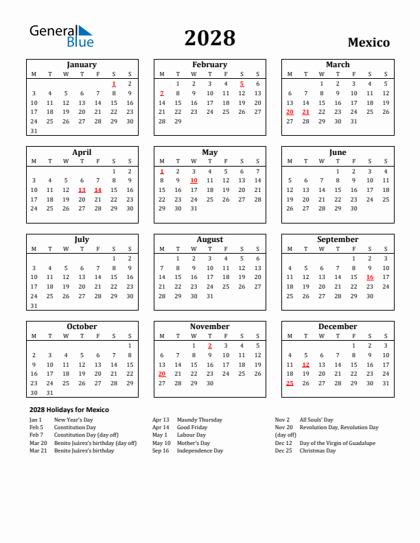 2028 Mexico Holiday Calendar - Monday Start