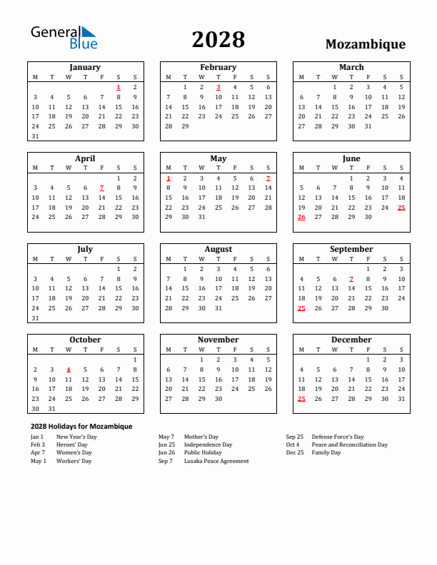2028 Mozambique Holiday Calendar - Monday Start