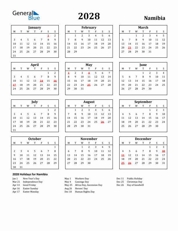 2028 Namibia Holiday Calendar - Monday Start
