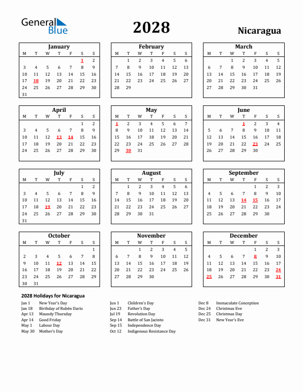 2028 Nicaragua Holiday Calendar - Monday Start