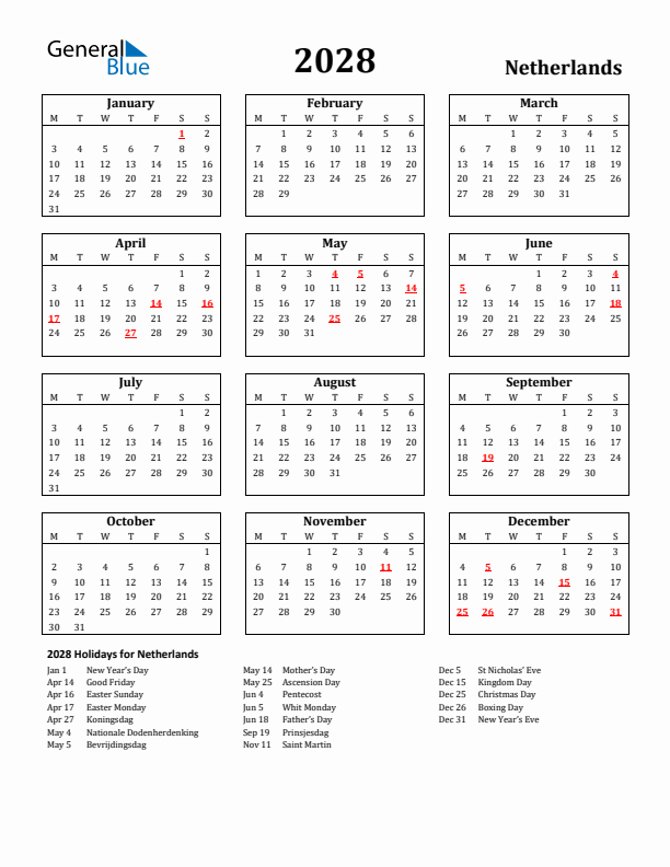 2028 The Netherlands Holiday Calendar - Monday Start