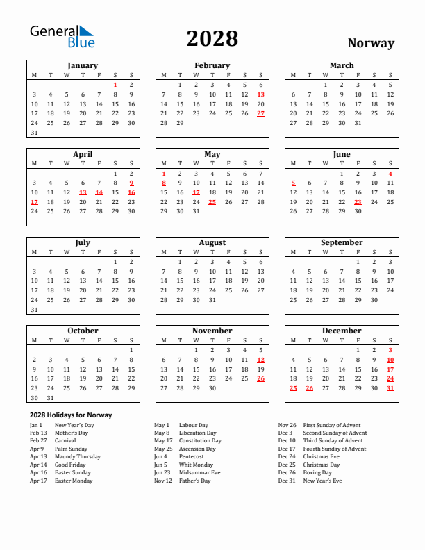 2028 Norway Holiday Calendar - Monday Start