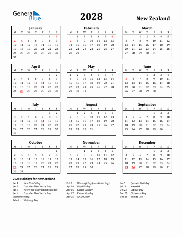 2028 New Zealand Holiday Calendar - Monday Start