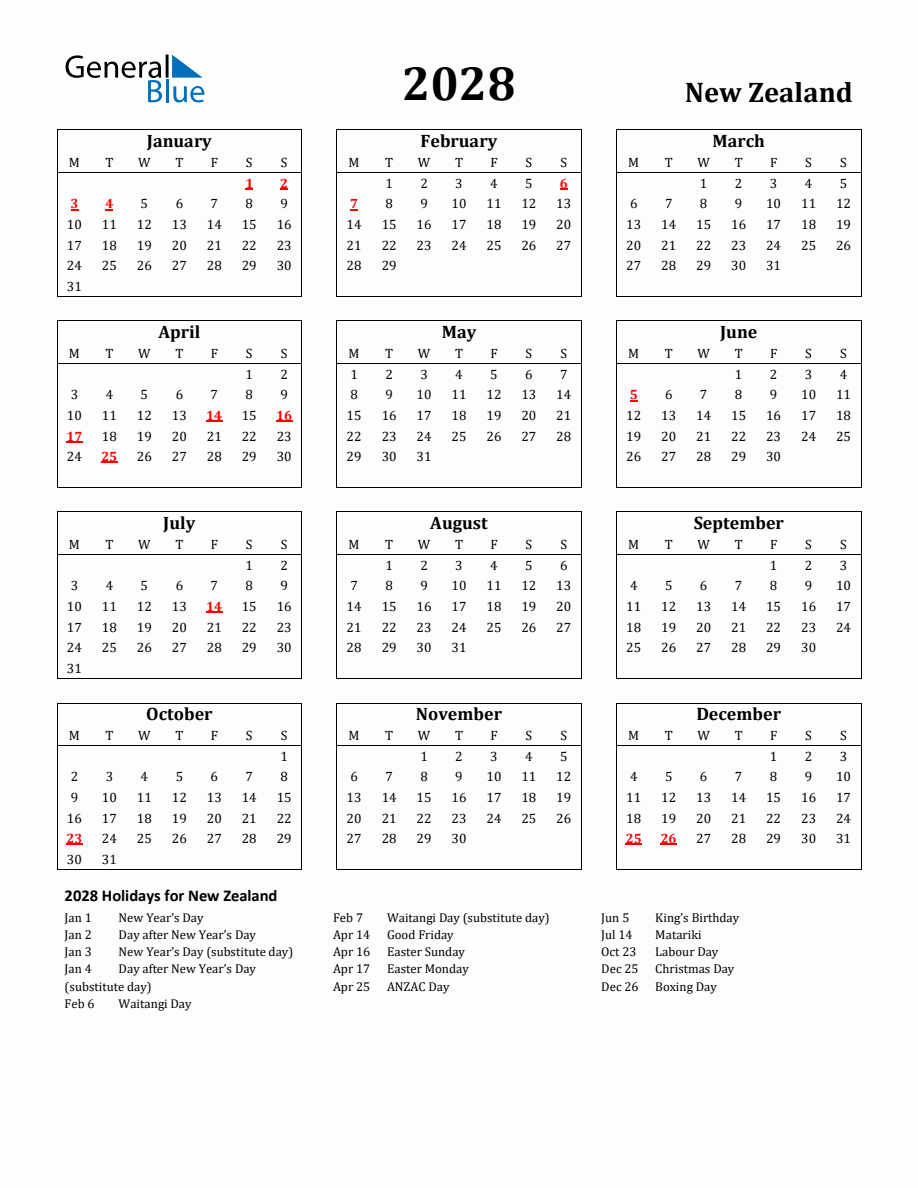 Free Printable 2028 New Zealand Holiday Calendar