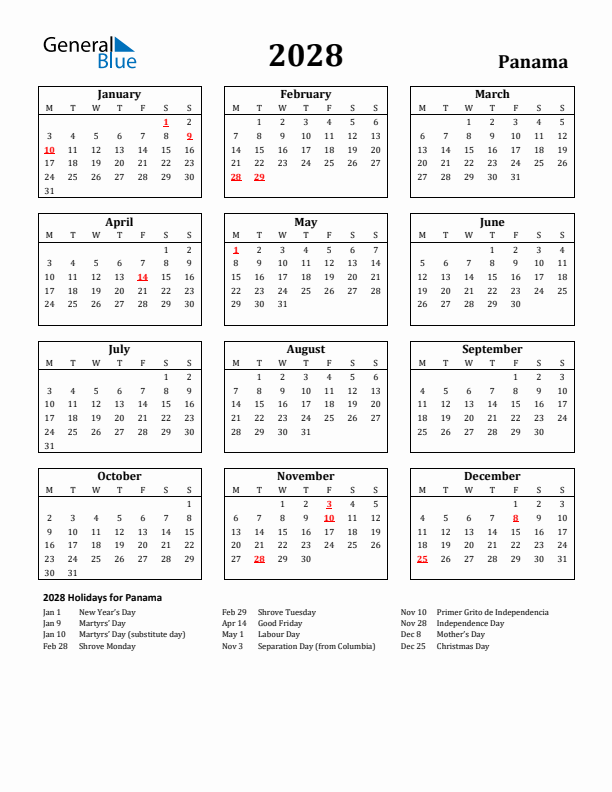 2028 Panama Holiday Calendar - Monday Start