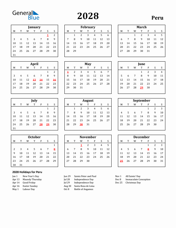 2028 Peru Holiday Calendar - Monday Start