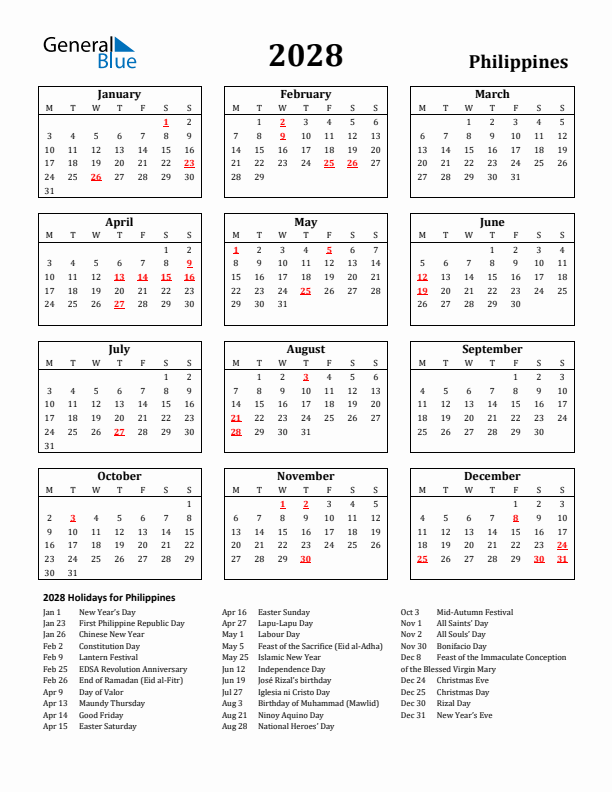 2028 Philippines Holiday Calendar - Monday Start