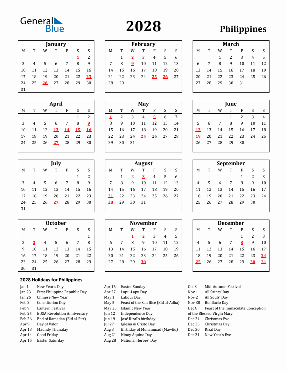 Free Printable 2028 Philippines Holiday Calendar