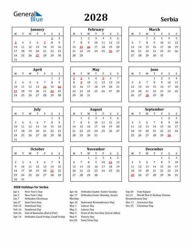 2028 Serbia Holiday Calendar - Monday Start