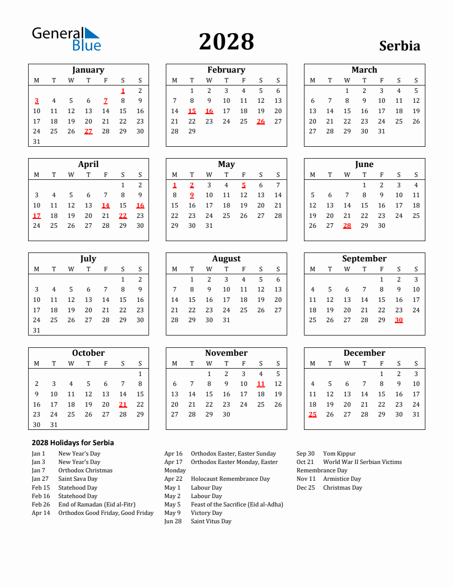 Free Printable 2028 Serbia Holiday Calendar
