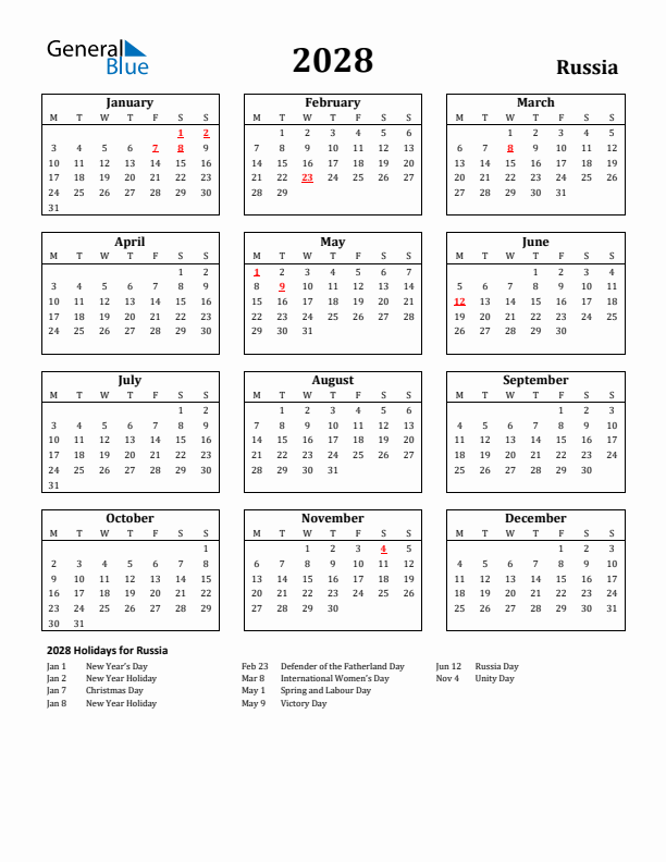 2028 Russia Holiday Calendar - Monday Start