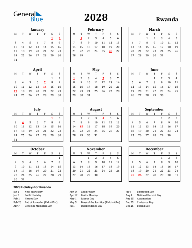 2028 Rwanda Holiday Calendar - Monday Start