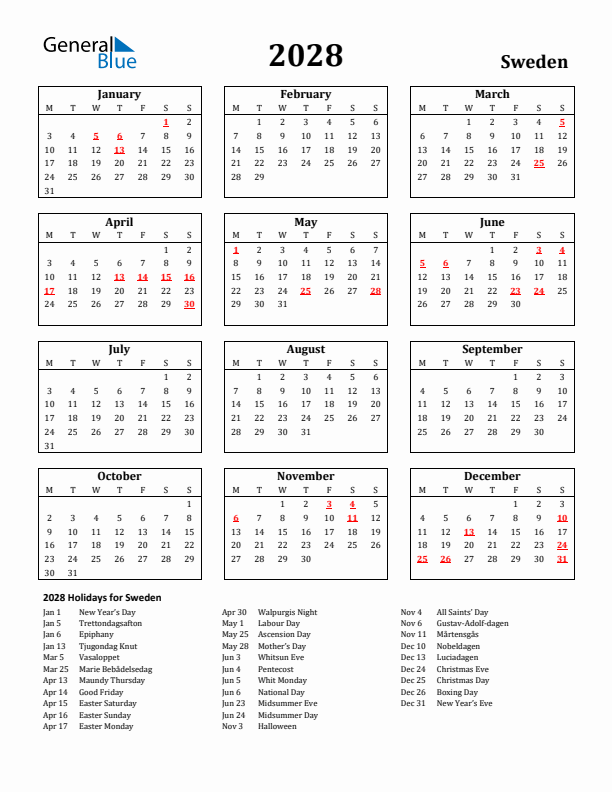 2028 Sweden Holiday Calendar - Monday Start