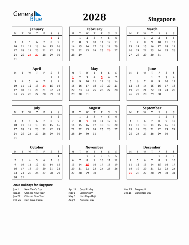 2028 Singapore Holiday Calendar - Monday Start
