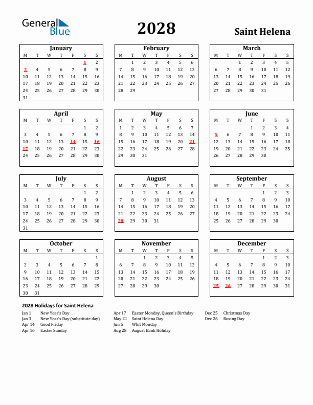 2028 Saint Helena Holiday Calendar - Monday Start