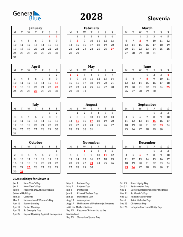 2028 Slovenia Holiday Calendar - Monday Start