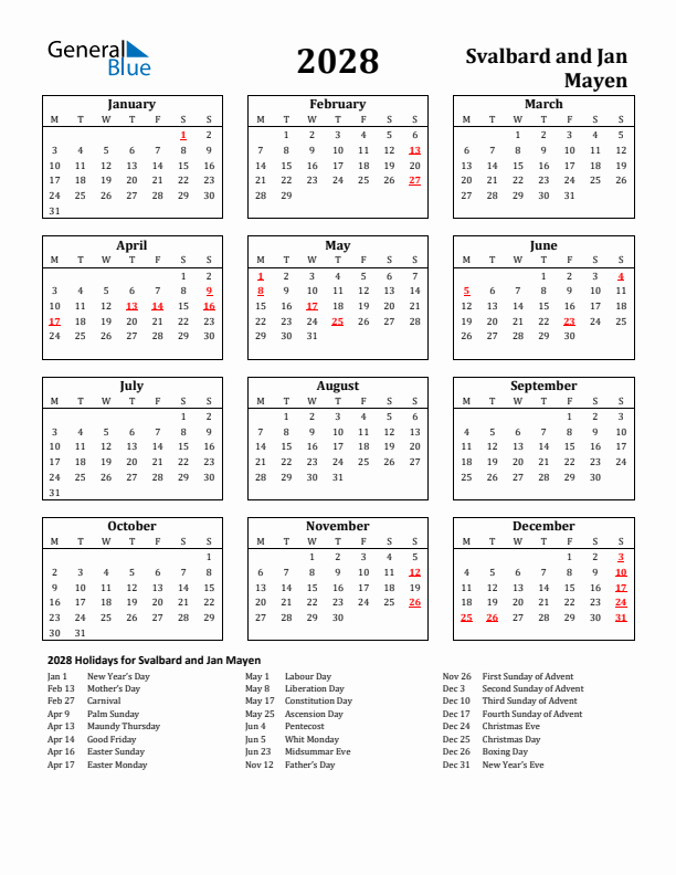 2028 Svalbard and Jan Mayen Holiday Calendar - Monday Start