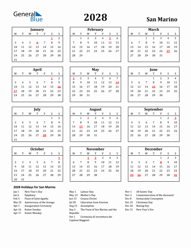 2028 San Marino Holiday Calendar - Monday Start
