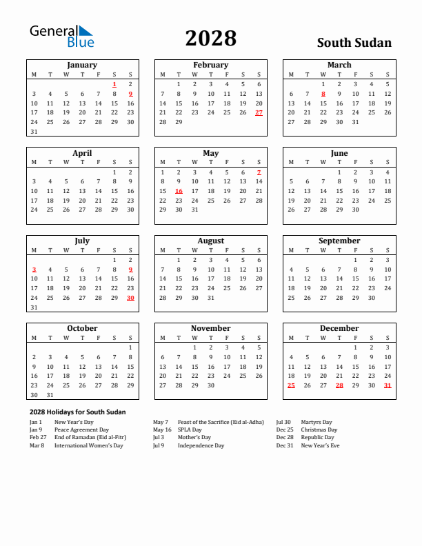 2028 South Sudan Holiday Calendar - Monday Start