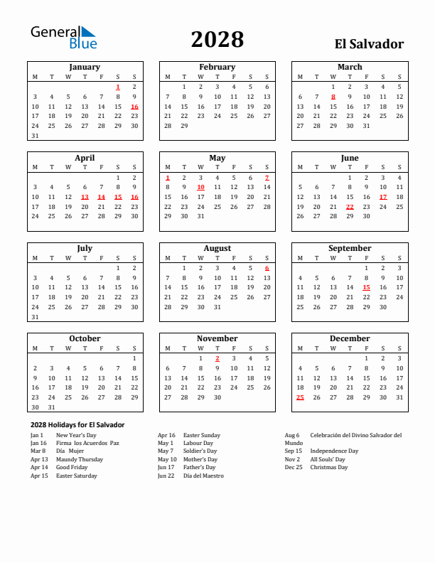 2028 El Salvador Holiday Calendar - Monday Start
