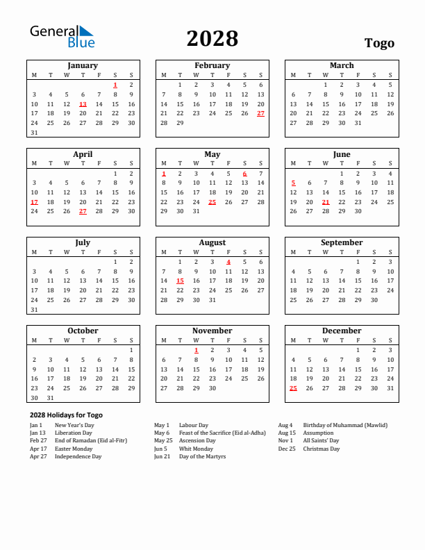 2028 Togo Holiday Calendar - Monday Start