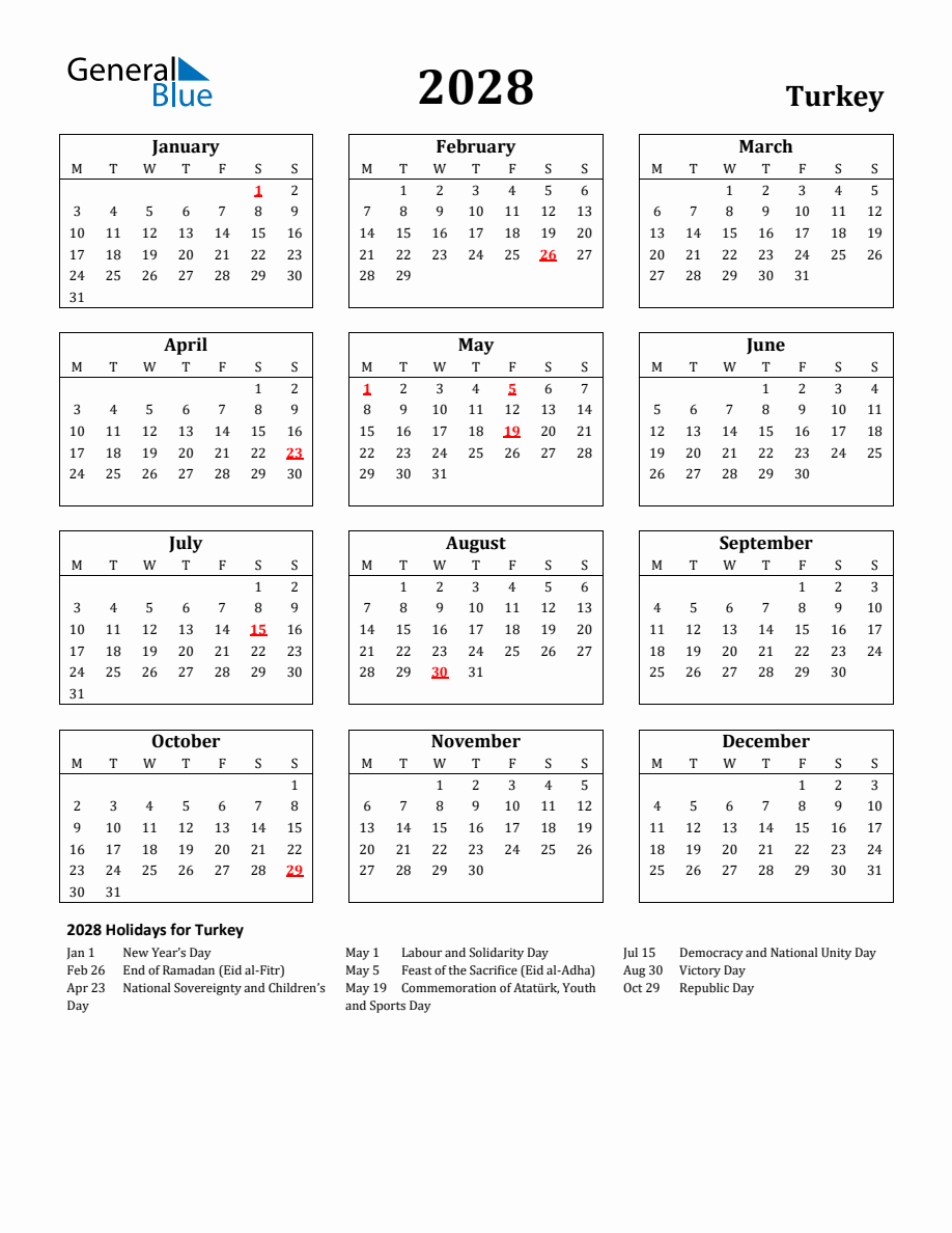 Free Printable 2028 Turkey Holiday Calendar