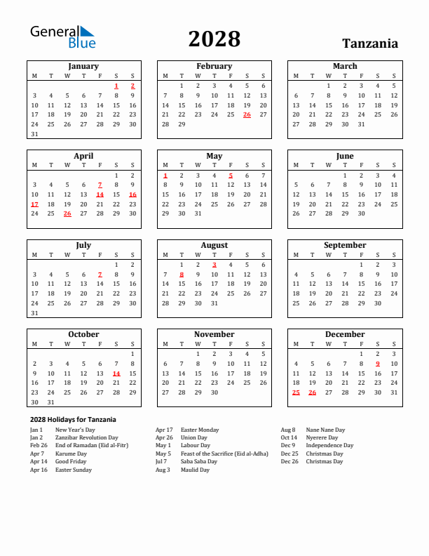 2028 Tanzania Holiday Calendar - Monday Start